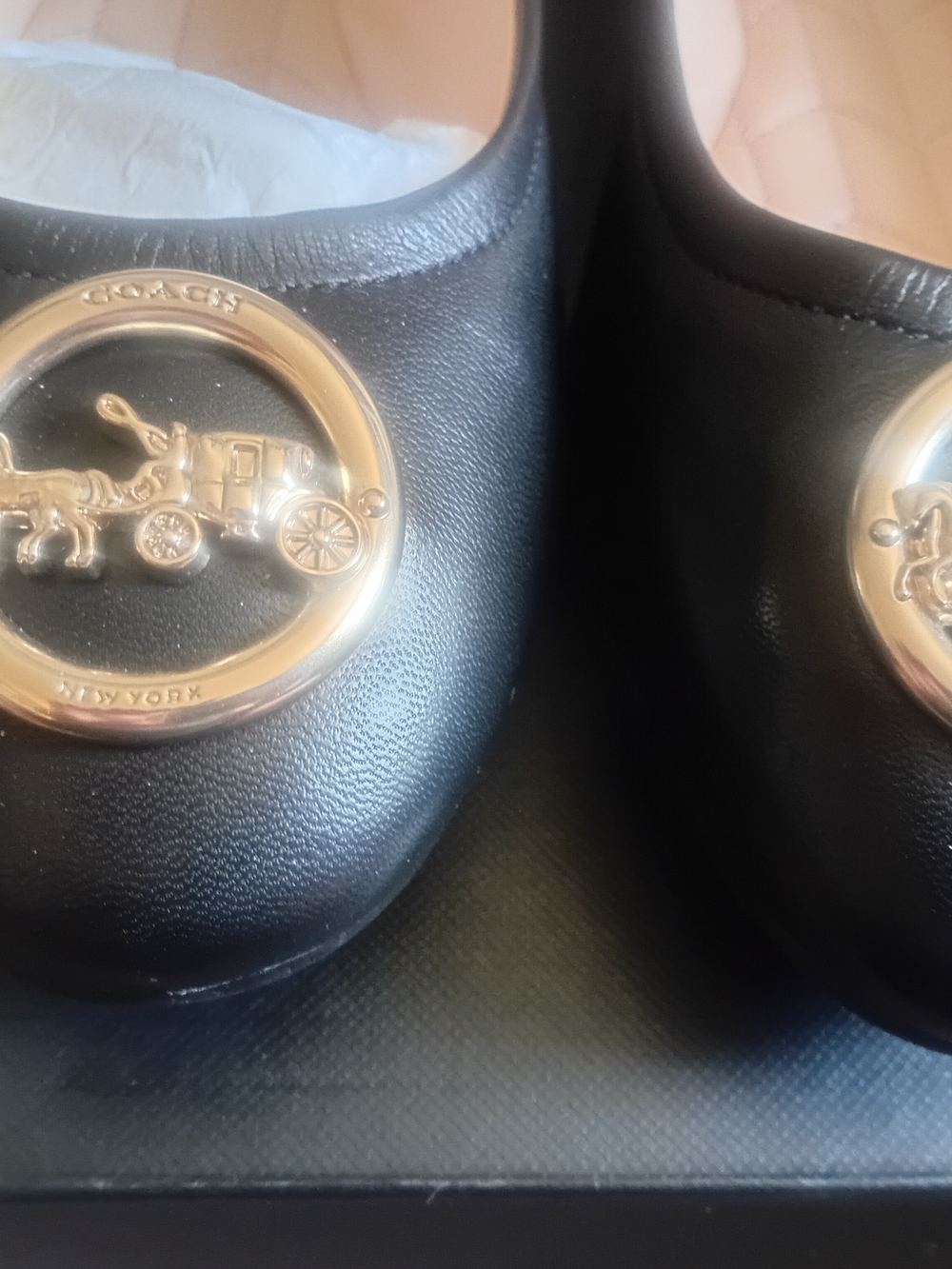 COACH Women's Black Leather Ballet Flats with Gold Hardware - Picture 3 of 6